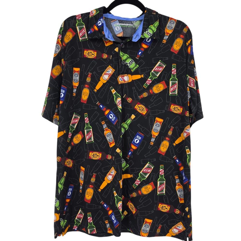 Hawke & Co Black Beer Print Performance Golf Short Sleeve Button Up Shirt Size L